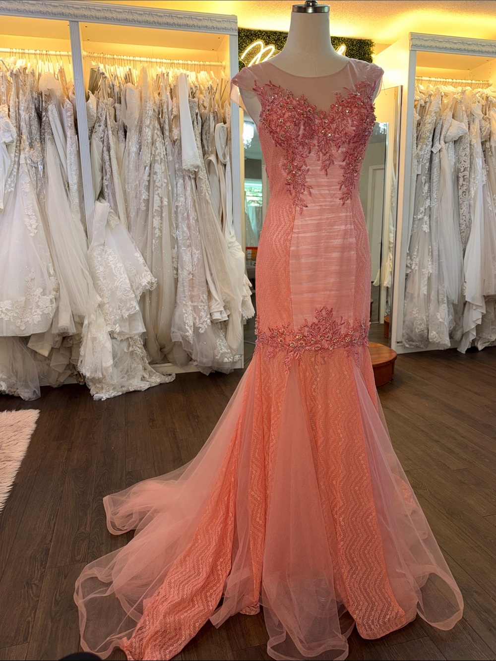 Elegant Coral Embellished Mermaid Evening Gown